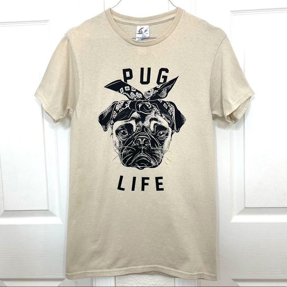 Pug Life Dog In Bandana Tan Crew Neck Screen Tee